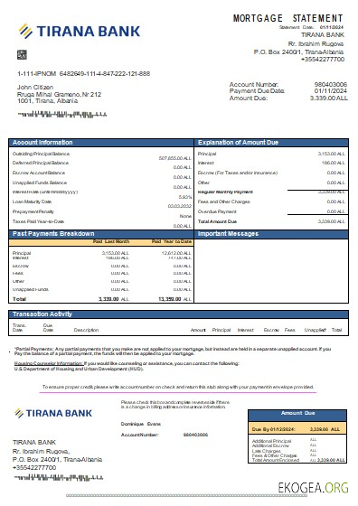 Albanie Tirana relevé hypothécaire bancaire scr